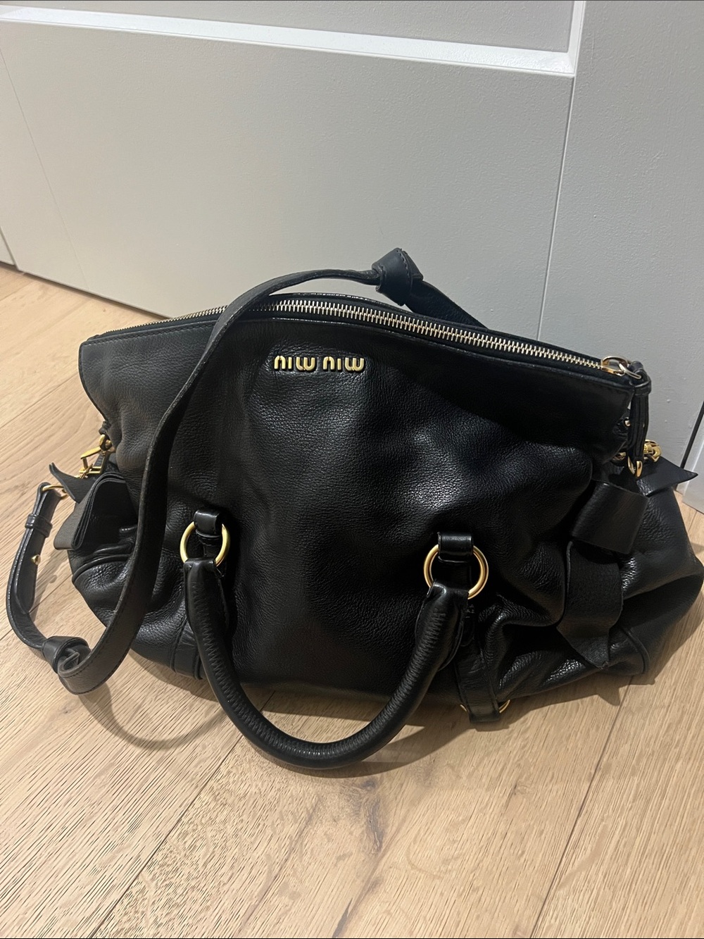 Miu Miu Black Leather Dome Satchel with Gold Hardware